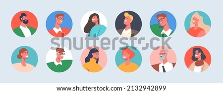 Set of People Avatars, Kids, Senior, Young and Mature Men or Women Portraits in Round Icons. Male and Female Characters Faces for Social Media and Web Profiles. Cartoon Vector Illustration, Isolated