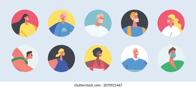 Set of People Avatars, Male and Female Characters with Different Appearance and Job Occupation. Young and Mature Men or Women Portraits for Social Media and Web Design. Cartoon Vector Illustration