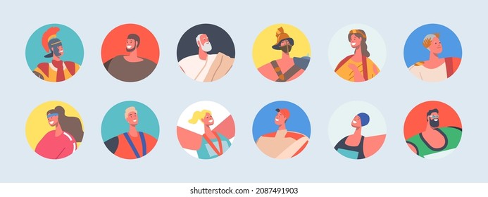 Set of People Avatars, Male and Female Characters Sportsmen, Greek Ancient Personages with Different Appearance. Young and Mature Men or Women Portraits. Cartoon Vector Illustration, Isolated Icons