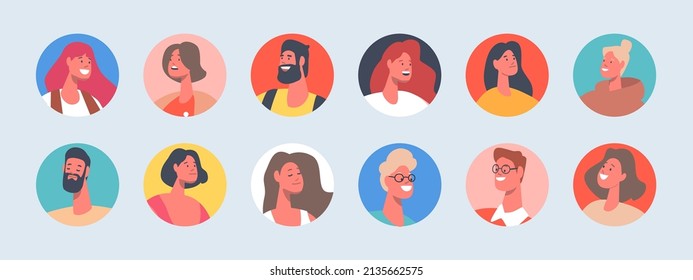 Set of People Avatars, Male and Female Characters with Different Appearance. Young and Mature Men or Women Portraits for Social Media and Web Design. Cartoon Vector Illustration, Isolated Round Icons.