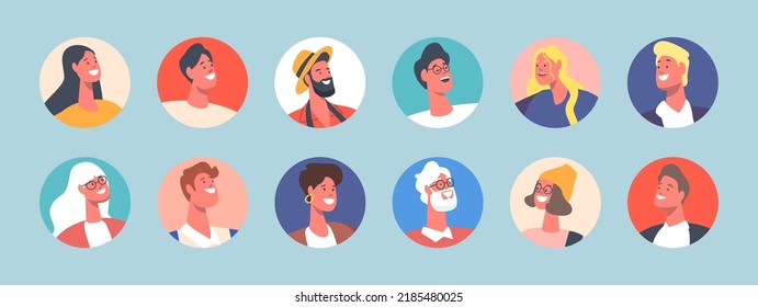 Set of People Avatars, Male and Female Characters with Different Appearance. Young and Mature Men or Women Portraits for Social Media and Web Design. Cartoon Vector Illustration, Isolated Round Icons.