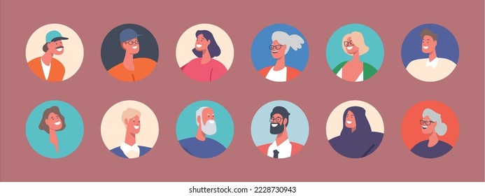 Conjunto de avatares de personas, personajes masculinos y femeninos con diferente apariencia. Retratos de hombres o mujeres jóvenes y maduros para medios sociales y diseño web. Ilustración de vectores de dibujos animados, Iconos redondos aislados.