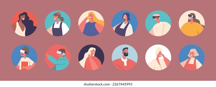 Set of People Avatars, Male and Female Characters, Adult and Kids Wear Vr Goggle, Bath or Casual Clothes, Young and Mature Men or Women Portraits. Cartoon Vector Illustration, Isolated Round Icons.