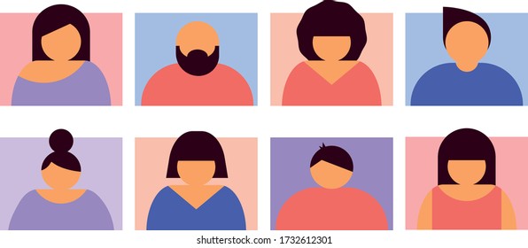 Set of people avatars on pink and blue bachground. Men and women portrait for video conference, teaching, studing, treaning. Work at home. Vector illustration, isolated