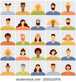 Set of people avatars. Portraits of diverse cartoon men and women. Characters with different hairstyles, skin colors and ethnicities. Colored flat vector illustration isolated on white background