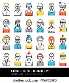 Set of People Avatars for Profile Page. Flat Style Line Icons for Social Network or Social Media Design. Man and Woman Characters Collection