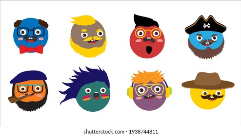 Set of people avatars. Round comic funny faces. Cute bright characters, different emotions, facial expressions. Flat cartoon isolated vector