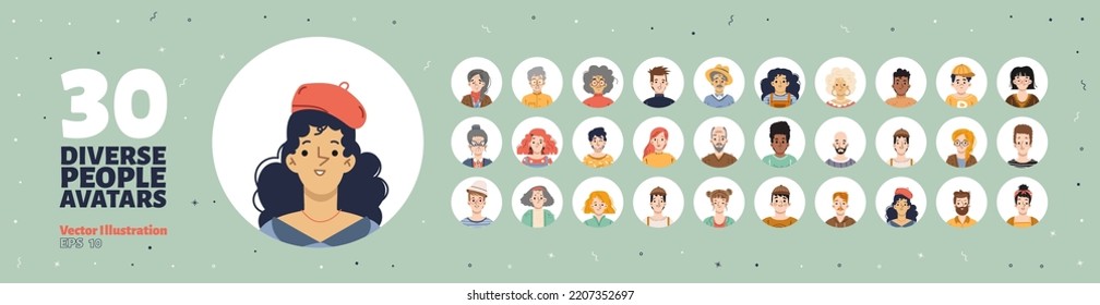 Set of people avatars, round icons with faces of young and old male and female characters. Diverse men or women with different hair color, kids, teens and adult isolated line art flat vector portraits