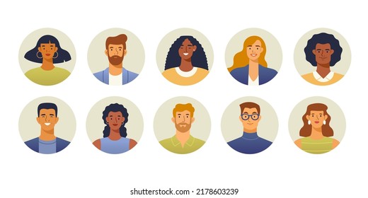 Grupo de avatares de personas. Retrato sonriente de hombres y mujeres en círculo. Aislado sobre fondo blanco. Ilustración moderna y moderna en diseño plano. 