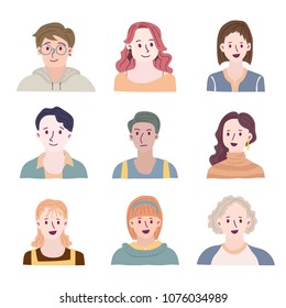 set of people avatars for social media, website. Doodle portraits fashionable girls and guys. Trendy hand drawn icons collection. Vector illustration.