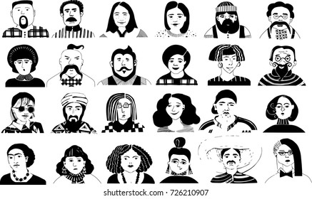 Set of people avatars for social media, website. Collection of Characters. Doodle hand-drawn faces girls and guys. Faces with different hairstyles and accessories. Black and white vector illustration.