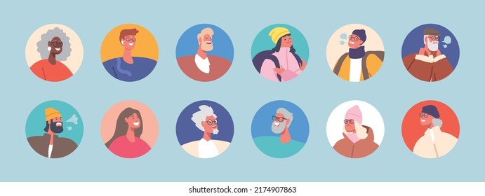 Set Of People Avatars, Teens, Senior, Young And Mature Men Or Women Portraits, Isolated Round Icons. Male And Female Characters Faces For Social Media And Web Profiles. Cartoon Vector Illustration,