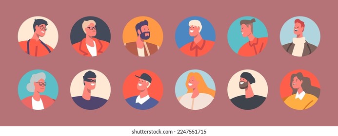 Set of People Avatars, Teens, Senior, Young and Mature Men or Women Portraits, Isolated Round Icons. Male and Female Characters Faces for Social Media and Web Profiles. Cartoon Vector Illustration,