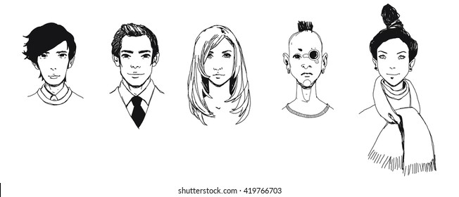 Set people avatars. Vector hand-drawn sketch.