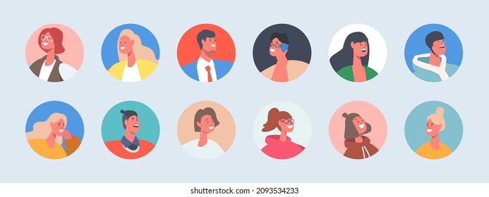 Set of People Avatars, Young and Mature Men or Women Portraits for Social Media and Web Design. Male and Female Characters with Different Appearance. Cartoon Vector Illustration, Isolated Round Icons.