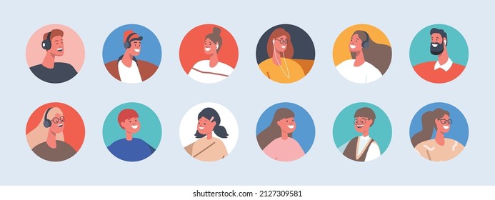 Set of People Avatars, Young, Mature, Teens and Children Male and Female Characters, Kids, Men or Women Portraits for Social Media and Web Design. Cartoon Vector Illustration, Isolated Round Icons