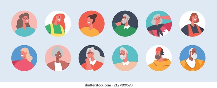 Set of People Avatars, Young, Mature and Senior Male and Female Characters with Different Appearance. Men or Women Portraits for Social Media and Web Design. Cartoon Vector Illustration, Round Icons