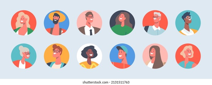 Juego de Avatares de Personas, Retratos de Jóvenes, Madres y Ancianos o Mujeres para Medios Sociales y Diseño Web. Diversos caracteres masculinos y femeninos. Ilustración de vectores de dibujos animados, iconos redondos aislados