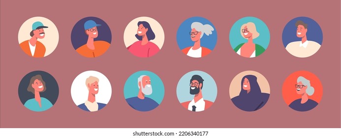 Set of People Avatars, Young, Mature and Senior Male and Female Characters with Different Appearance. Men or Women Portraits for Social Media and Web Design. Cartoon Vector Illustration, Round Icons