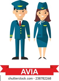 Set of people aviation, pilot and stewardess. Vector illustration of a crew, pilot and stewardess 