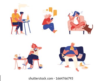 Set of People with Bad Habits Smoking, Alcohol Drinks, Gambling and Virtual Reality Games, Eating Fast Food and Drinking Coffee. Characters Addiction, Unhealthy Life Cartoon Flat Vector Illustration