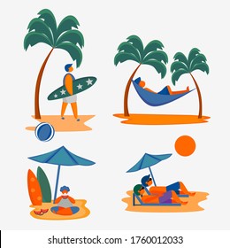 Set of people basking in the hot sun, relaxing, starting to surf, eating watermelons in summer, colorful flat cartoon vector illustration.