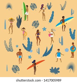 Set people at beach or seashore relaxing and performing summer outdoor activities at beach - sunbathing, walking, carrying surfboard, swimming in sea, ocean. Exotic plants, leaves, flowers. Trend flat