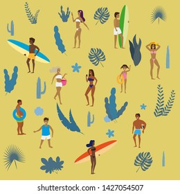 Set people at beach or seashore relaxing and performing summer outdoor activities at beach - sunbathing, walking, carrying surfboard, swimming in sea, ocean. Exotic plants, leaves, flowers. Trend flat
