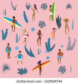 Set people at beach or seashore relaxing and performing summer outdoor activities at beach - sunbathing, walking, carrying surfboard, swimming in sea, ocean. Exotic plants, leaves, flowers. Trend flat
