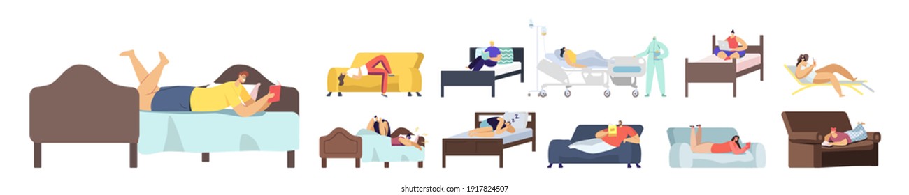 Set People in Bed. Male and Female Characters Sleeping at Home and Nap in Hotel, Reading Book and Relax on Resort on Sun Lounger, Clinic Couch Isolated on White Background. Cartoon Vector Illustration