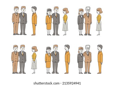 A set of people being introduced, a comical handwritten person, a vector, and simple coloring of line drawings.