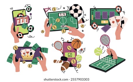 Set of people betting on sports online. Characters hands holding smartphones and playing game of chance. Wagering on football and tennis at bookmakers. Flat vector illustration isolated on background