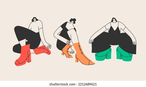 Set of people with big boots and small heads. Cute abstract disproportionate characters. Different shoes and poses. Hand drawn Vector illustration. Every person is isolated. Print, design templates 