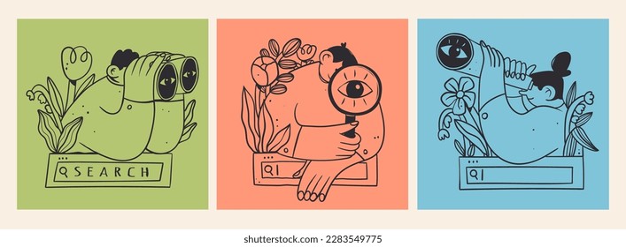 Set of people with binoculars, magnifying glass on search bar with flowers. Searching, finding, web surfing, looking for opportunities concept. Hand drawn Vector illustration. Isolated design elements