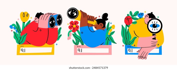 Conjunto de personas con prismáticos, lupa en la barra de búsqueda con flores. Búsqueda, búsqueda, Web surf, búsqueda de oportunidades concepto. Ilustración vectorial dibujada a mano Elementos de diseño aislados