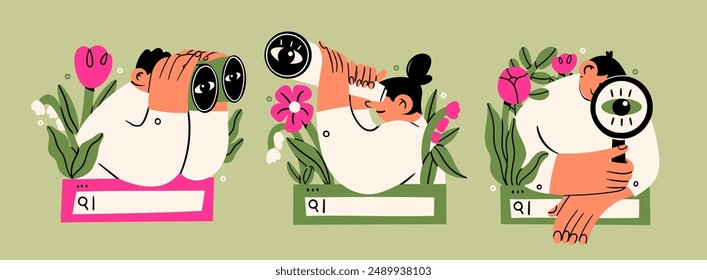 Set of people with binoculars, magnifying glass on search bar with flowers. Searching, finding, web surfing, looking for opportunities concept. Hand drawn Vector illustration. Isolated design elements