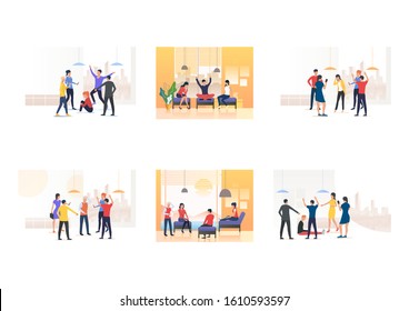 Set of people blaming mate. Flat vector illustrations of friends chatting or pointing at colleague. Communication, aggression concept for banner, website design or landing web page