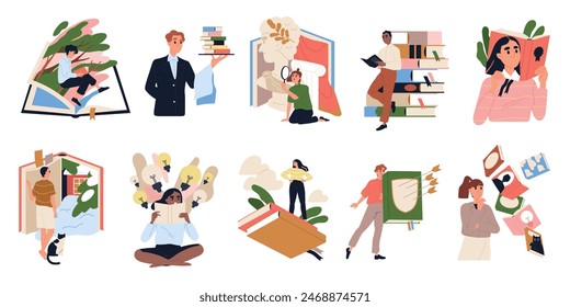 Set of people book lovers. Illustrations with happy characters reading literature and immersing in dream world. Imagination and learning. Cartoon flat vector collection isolated on white background