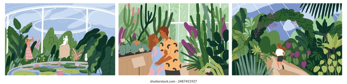 Conjunto de Personas en jardín botánico. Personajes, parejas y niños caminan entre plantas verdes en invernadero y selvas urbanas naturales. Colección de Ilustración vectorial plana aislada sobre fondo blanco