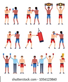 Set of people boxing. Boxer fights, hits punch bag, celebrates victory, holds champions belt. Flat design vector illustration