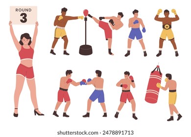 Conjunto de personas guantes de boxeo de lucha. Ilustración para Sitios web, landing pages, aplicaciones móviles, posters y Anuncios. Ilustración vectorial plana moderna