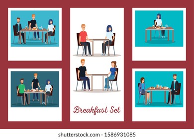 set of people in the breakfast vector illustration design