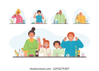 Conjunto de personas cepillan dientes de forma plana, ilustración vectorial aislada en fondo blanco. Personajes jóvenes y adultos, familia, atención dental, salud e higiene