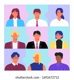 grupo de personas caras de negocios en equipo con puzzle caricaturas estilo plano diseño vectorial plano dibujado a mano ilustración de personaje humano