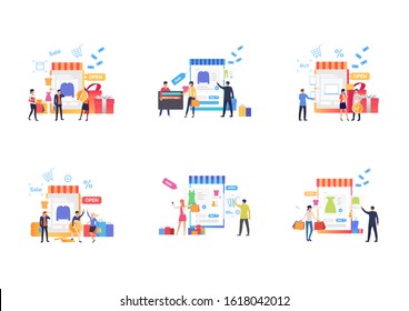Set of people buying online. Flat vector illustrations of men and women choosing clothing and counting profit. Online shopping concept for banner, website design or landing web page