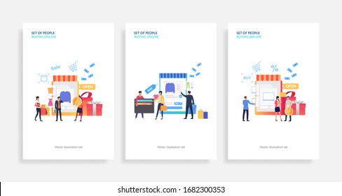 Set of people buying online. Flat vector illustrations of men and women choosing clothing and counting profit. Online shopping concept for banner, website design or landing web page