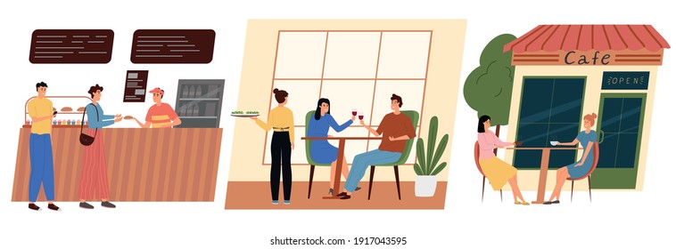 Set of people in cafe. Ordering food in fast food, a guy with a girl drinks guilt in a restaurant and friends eat in a cafe. Vector illustration design