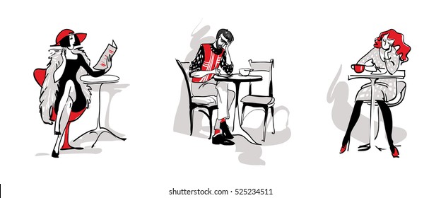 un grupo de personas en el café, un hombre y una mujer escribe un artículo, el periodista escribe con un bolígrafo, leyendo el periódico, tomando café de una Copa. Dibujo de mano libre en blanco, rojo y negro lineal de estilo