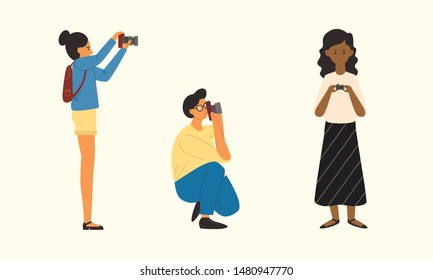 Set of people with a camera taking pictures. Creative profession. People doing work or hobbies. Vector cute cartoon illustration.