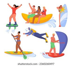 Set of people at canoe concept. Men and women with paddles on surfboards. Active lifestyle and sports. Holiday in tropical countries. Cartoon flat vector collection isolated on white background